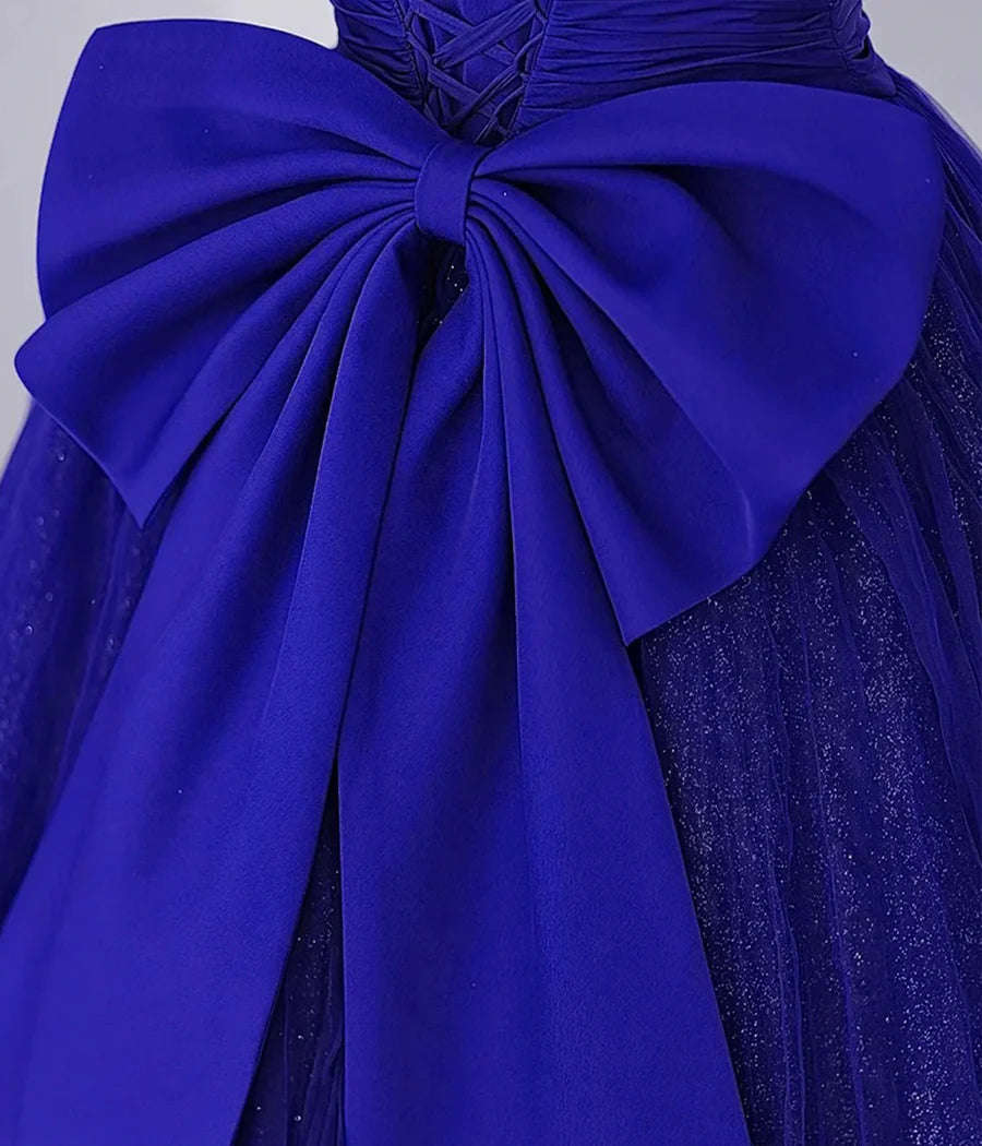 Lovely Short Sleeve Pleated Bow-Back Sequins Tulle Royal Blue Long Prom Dress