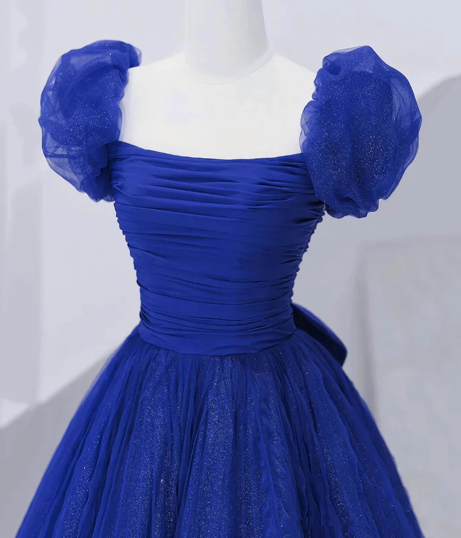 Lovely Short Sleeve Pleated Bow-Back Sequins Tulle Royal Blue Long Prom Dress