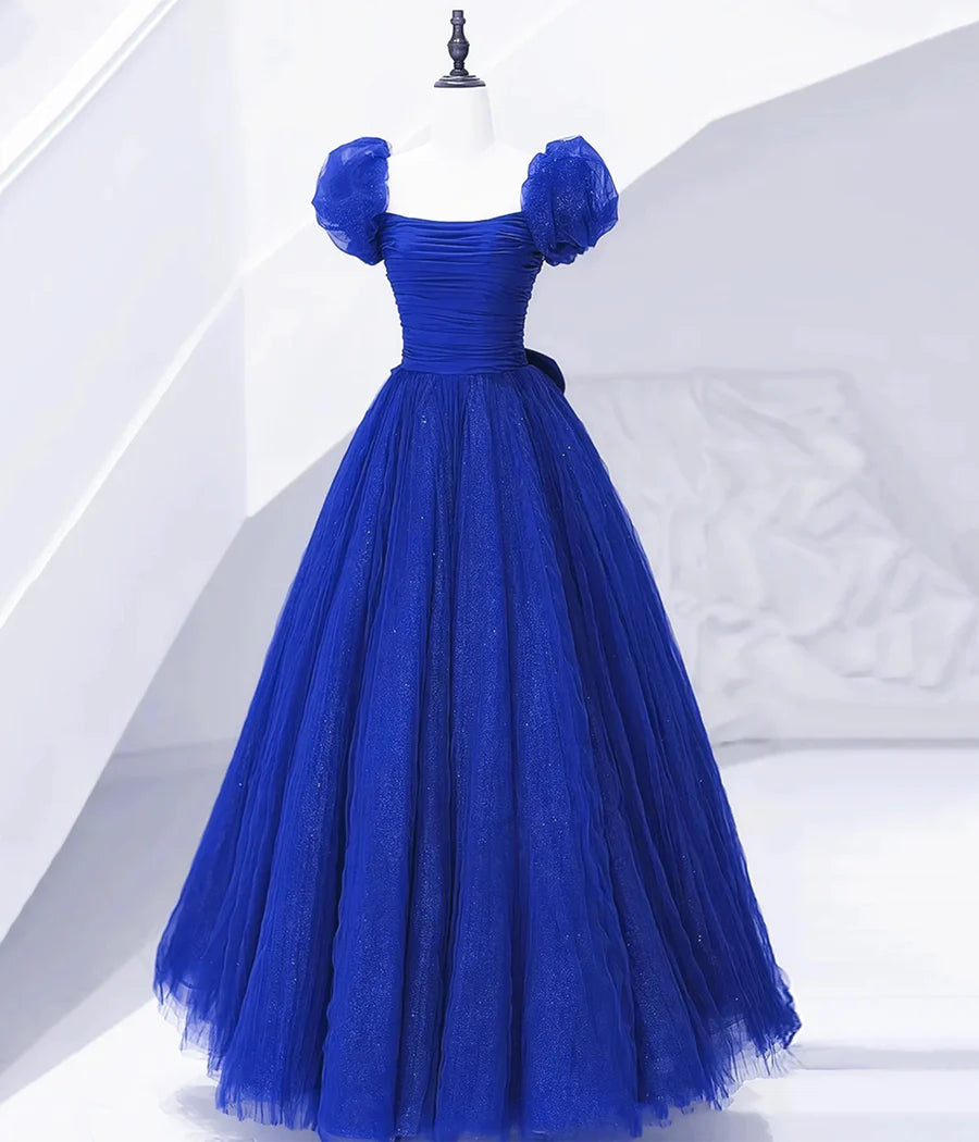 Lovely Short Sleeve Pleated Bow-Back Sequins Tulle Royal Blue Long Prom Dress