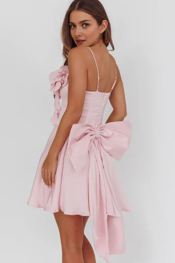 Lovely Spaghetti Straps 3D Flowers Zipper Bow Back Pink Mini Homecoming Dress