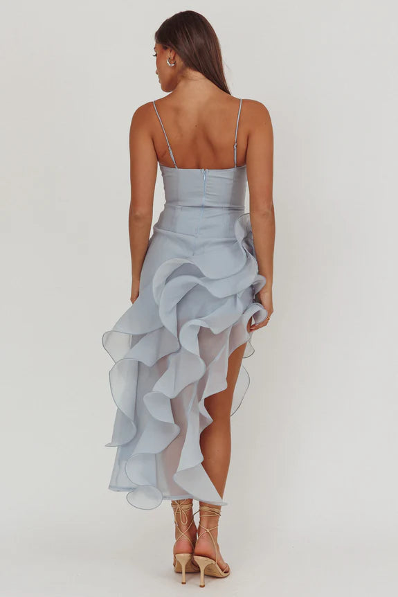 Lovely Spaghetti Straps Asymmetric Ruffle Trim Blue Maxi Homecoming Prom Dress