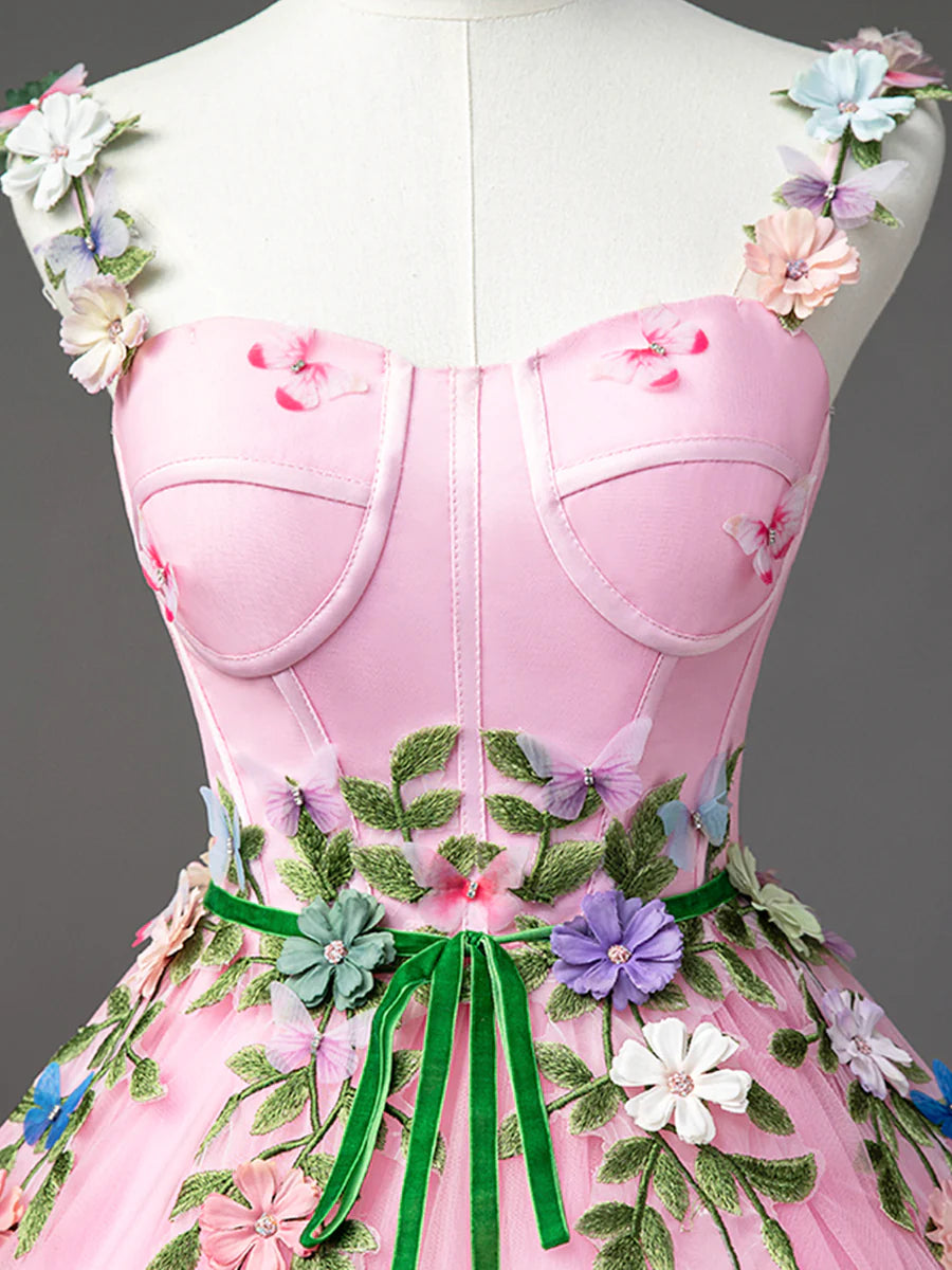 Lovely Spaghetti Straps Bodycon Flower Tulle Pink Long Prom Dresses