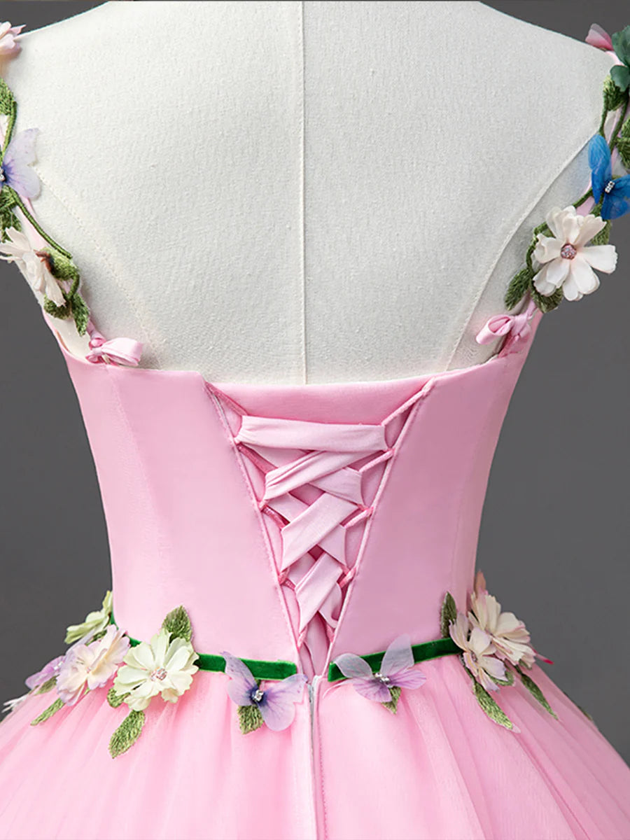 Lovely Spaghetti Straps Bodycon Flower Tulle Pink Long Prom Dresses