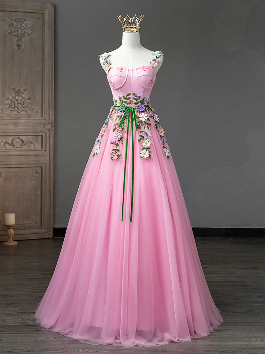 Lovely Spaghetti Straps Bodycon Flower Tulle Pink Long Prom Dresses