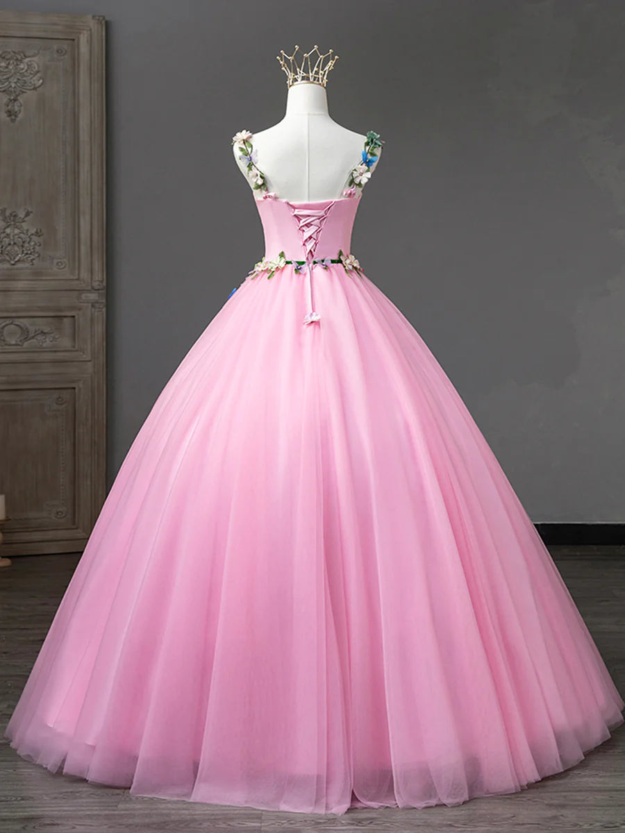 Lovely Spaghetti Straps Bodycon Flower Tulle Pink Long Prom Dresses