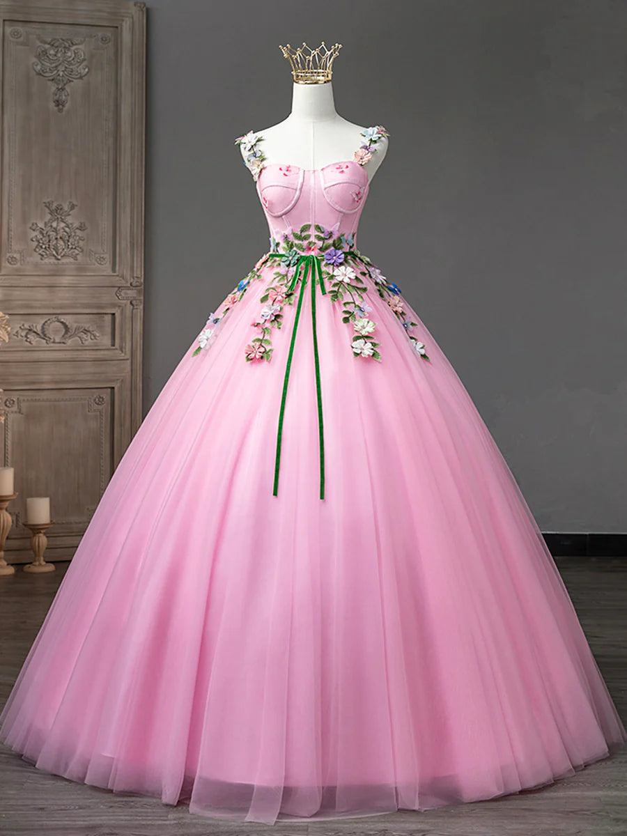 Lovely Spaghetti Straps Bodycon Flower Tulle Pink Long Prom Dresses