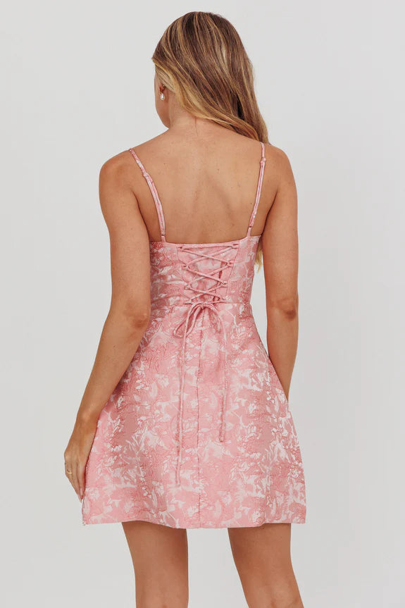 Lovely Spaghetti Straps Lace-Up Back Floral Pink Mini Homecoming Dress