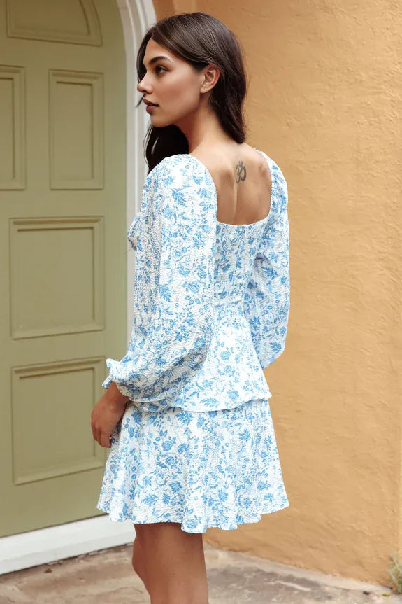 Lovely Square Neck Long Sleeve Tiered Floral Blue Mini Homecoming Dress