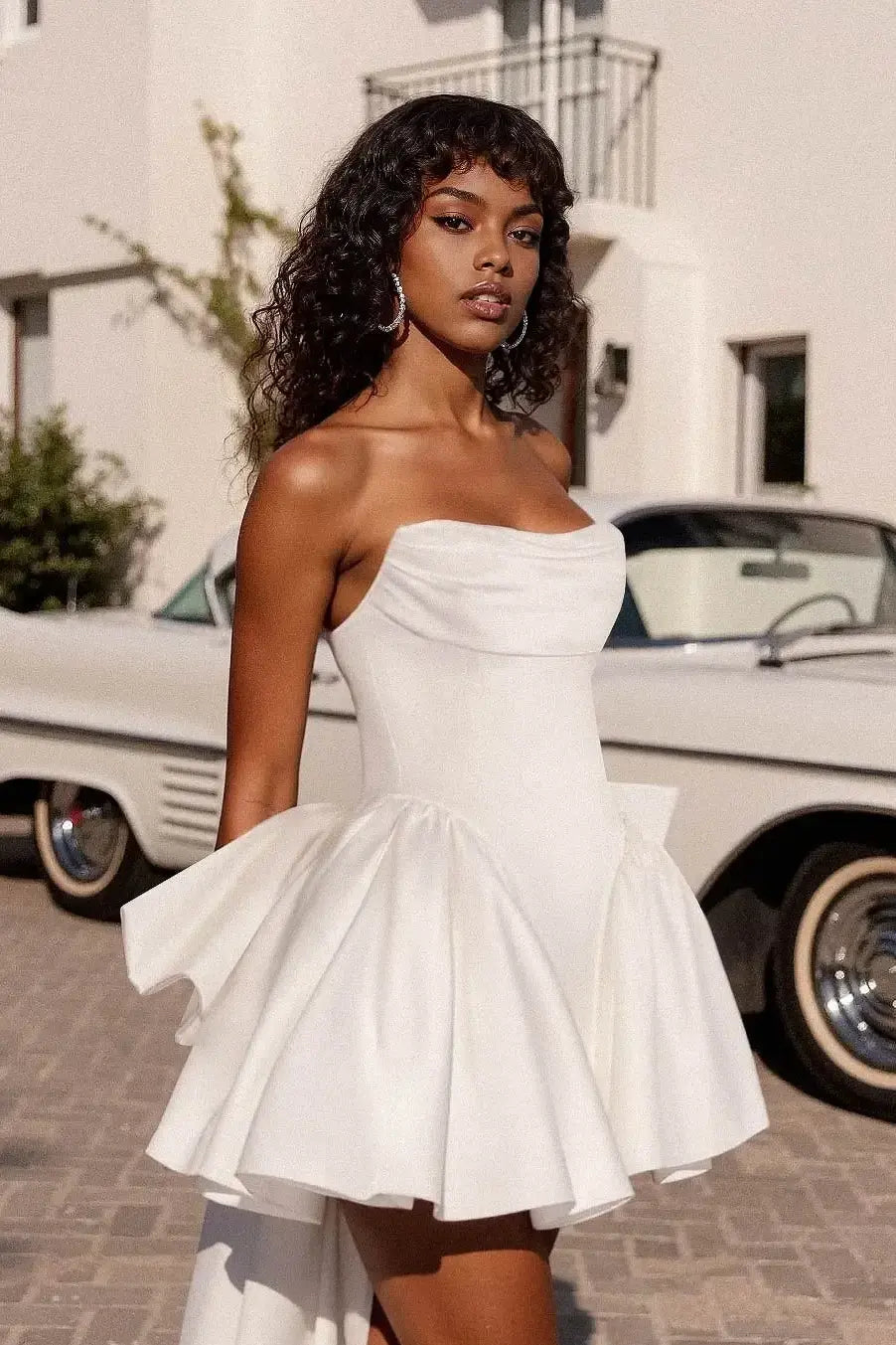 Lovely Strapless Cowl Neck Satin White Short Homecoming Dress With Back Bow