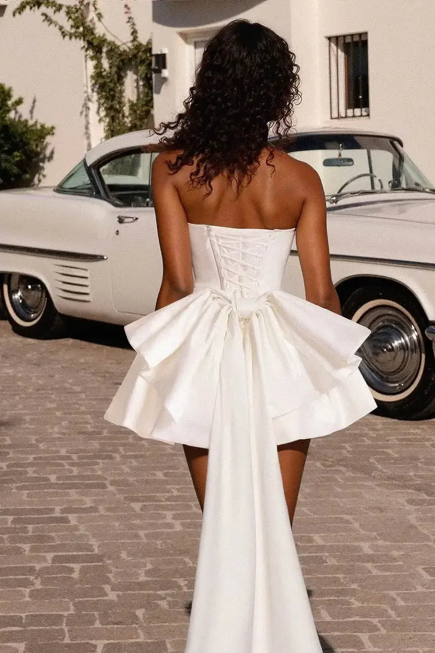 Lovely Strapless Cowl Neck Satin White Short Homecoming Dress With Back Bow