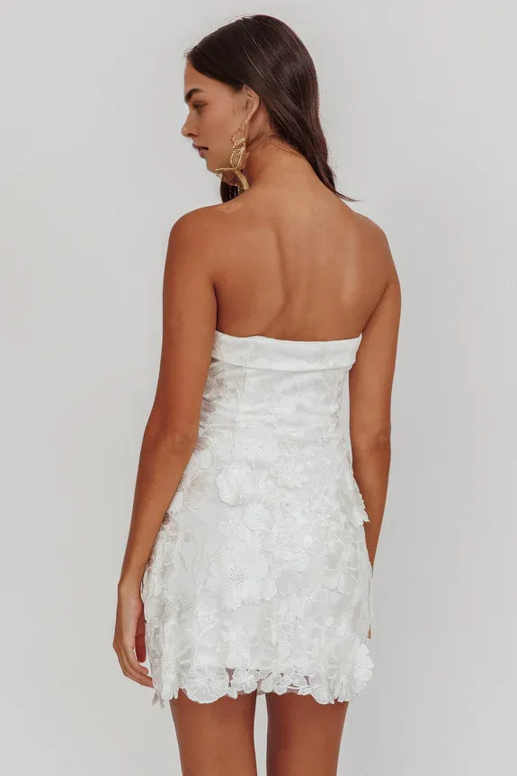 Lovely Strapless Floral 3D Lace Embellished White Mini Homecoming Dress