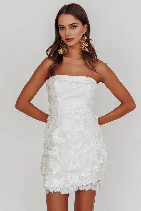 Lovely Strapless Floral 3D Lace Embellished White Mini Homecoming Dress