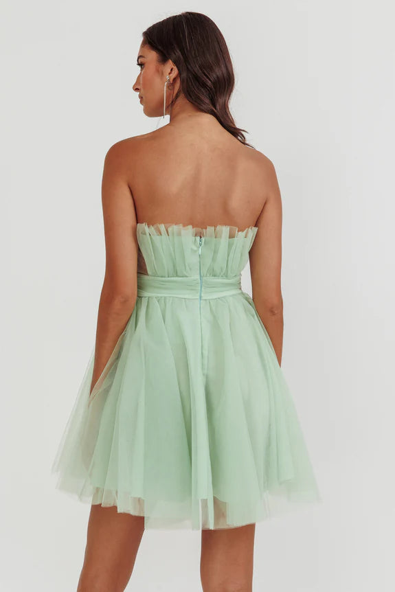 Lovely Strapless Gathered Mesh Tulle Sage Mini Homecoming Dress