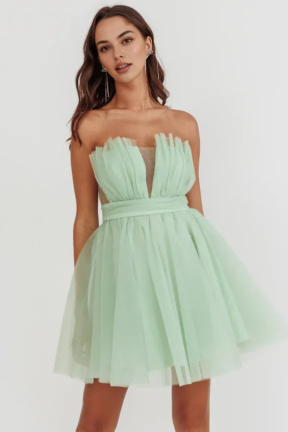 Lovely Strapless Gathered Mesh Tulle Sage Mini Homecoming Dress