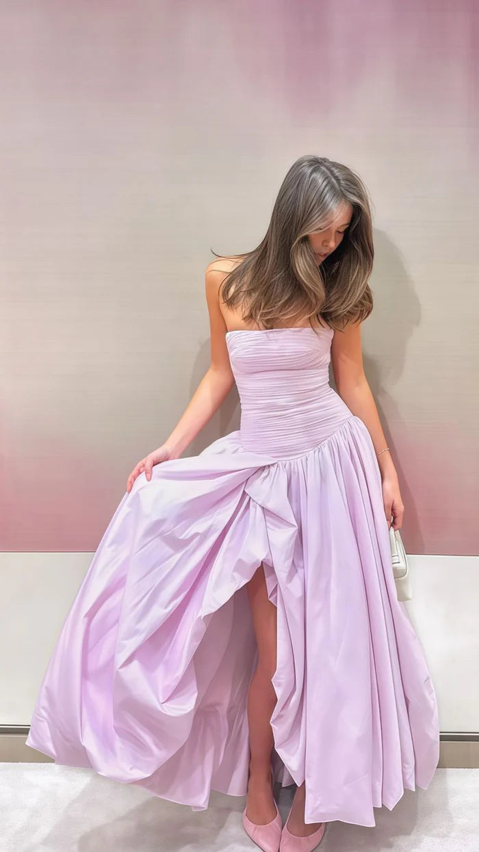 Lovely Strapless Pleated Slit Lilac Prom Dress Party Dress With Bubble Hem