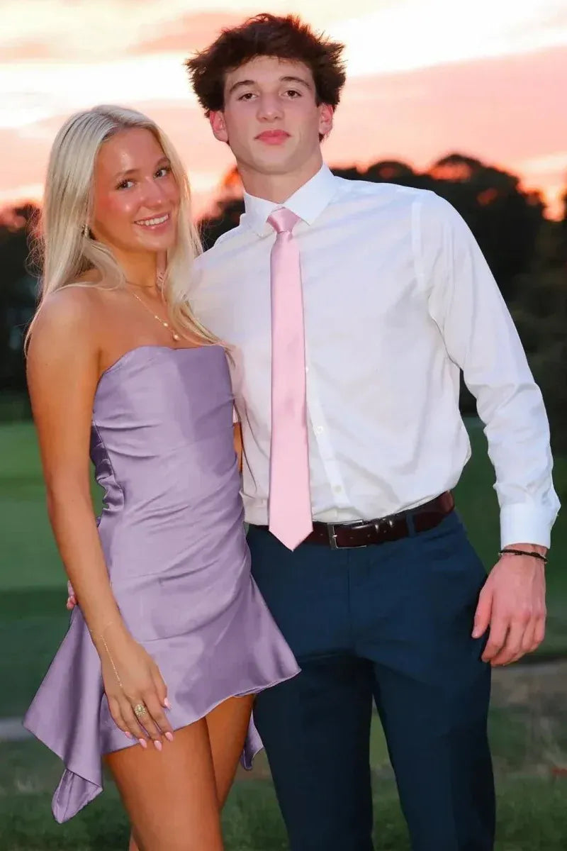 Lovely Strapless Satin Pink Short Homecoming Dress With Asymmetrical Hem