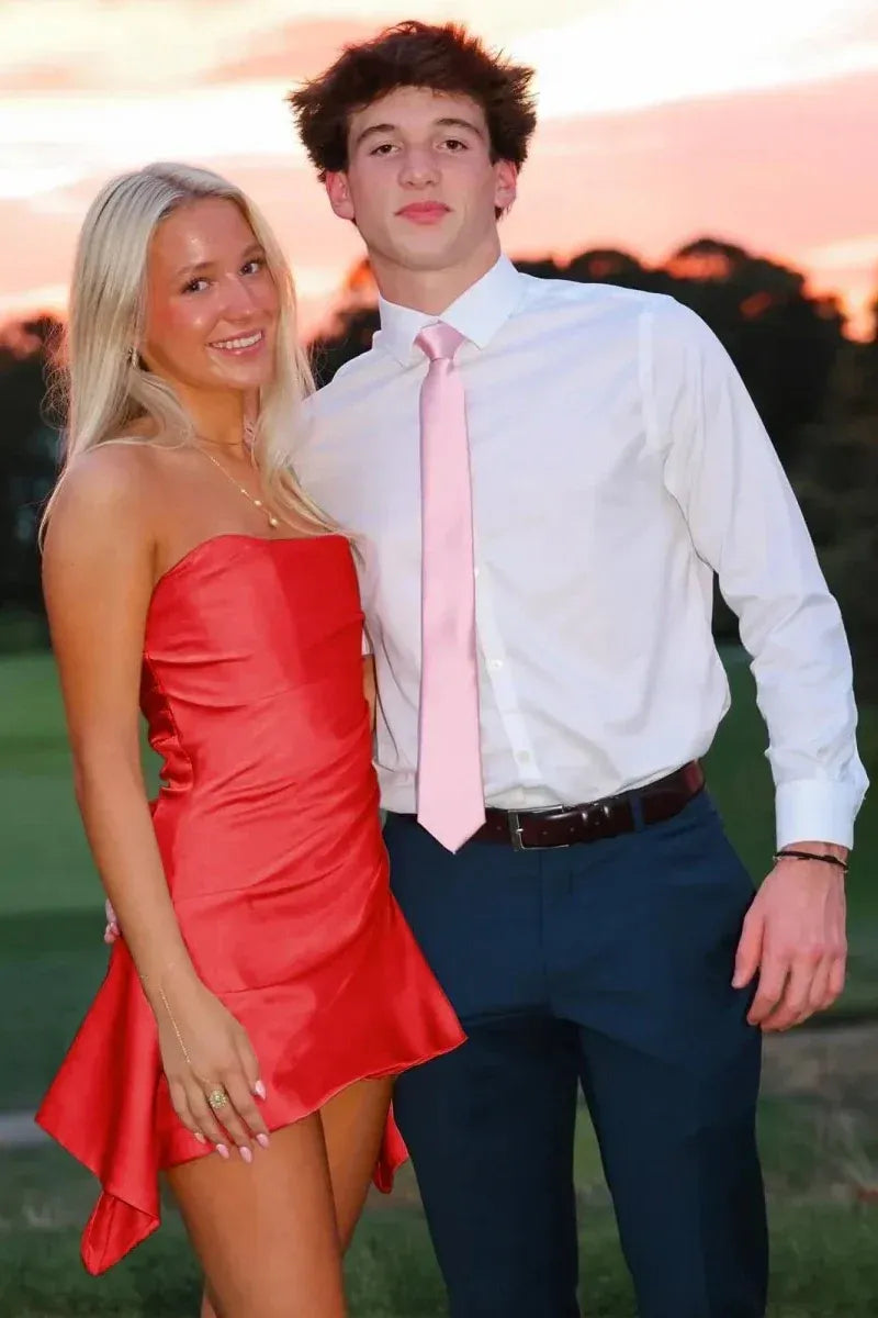 Lovely Strapless Satin Pink Short Homecoming Dress With Asymmetrical Hem