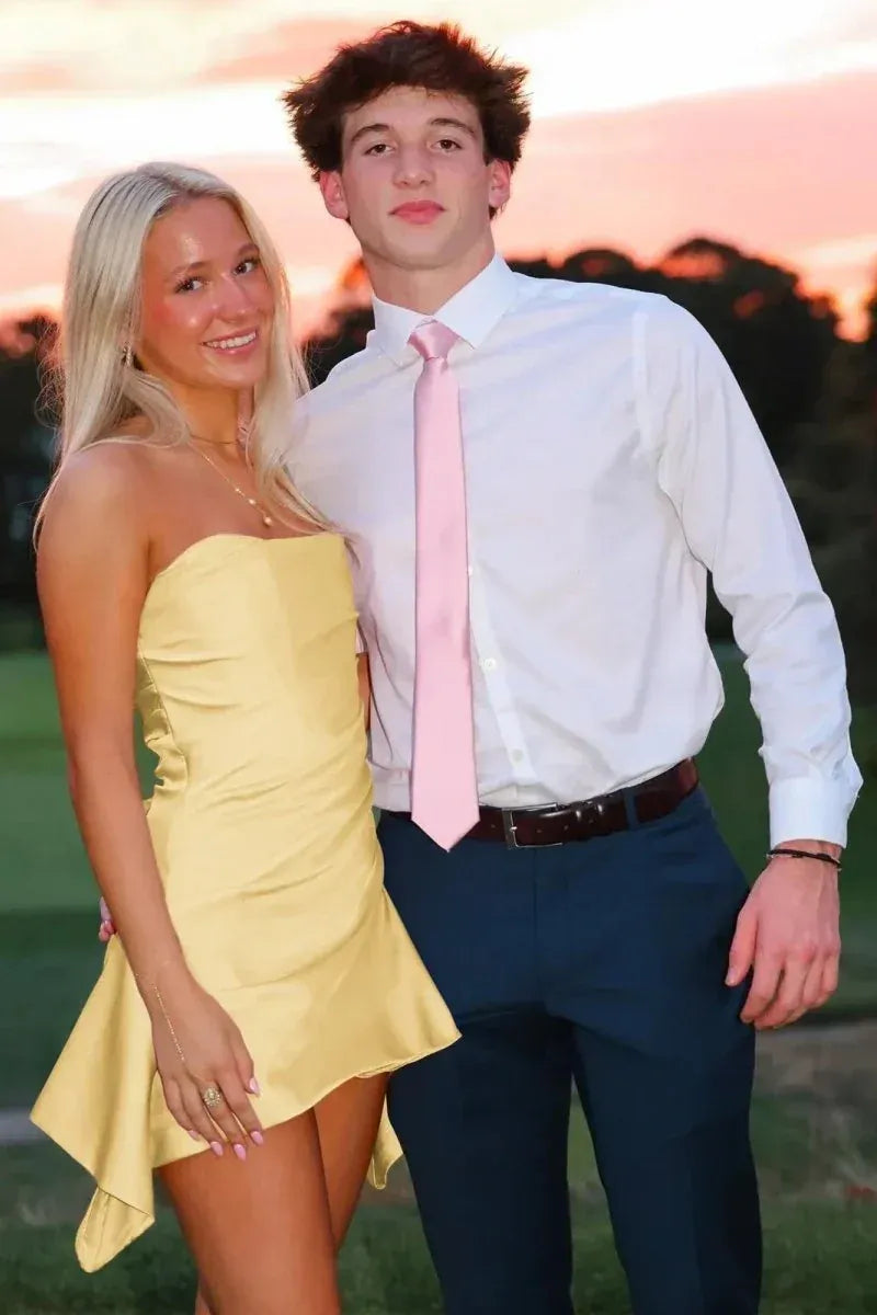 Lovely Strapless Satin Pink Short Homecoming Dress With Asymmetrical Hem