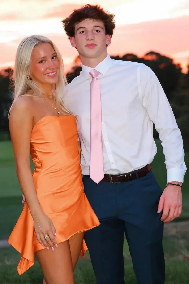 Lovely Strapless Satin Pink Short Homecoming Dress With Asymmetrical Hem