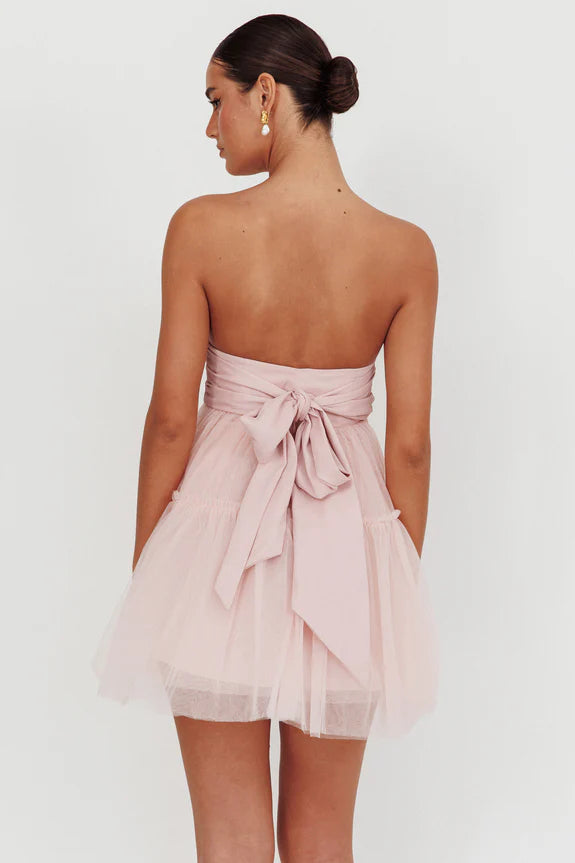Lovely Strapless Tulle Blush Mini Homecoming Dress With Tied Bow