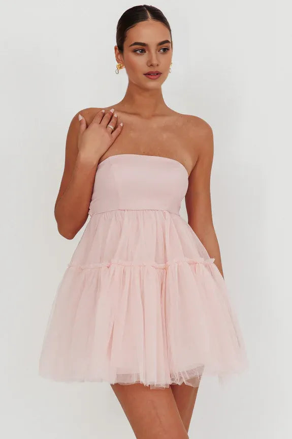 Lovely Strapless Tulle Blush Mini Homecoming Dress With Tied Bow