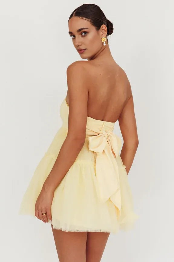 Lovely Strapless Tulle Lemon Mini Homecoming Dress With Tied Bow
