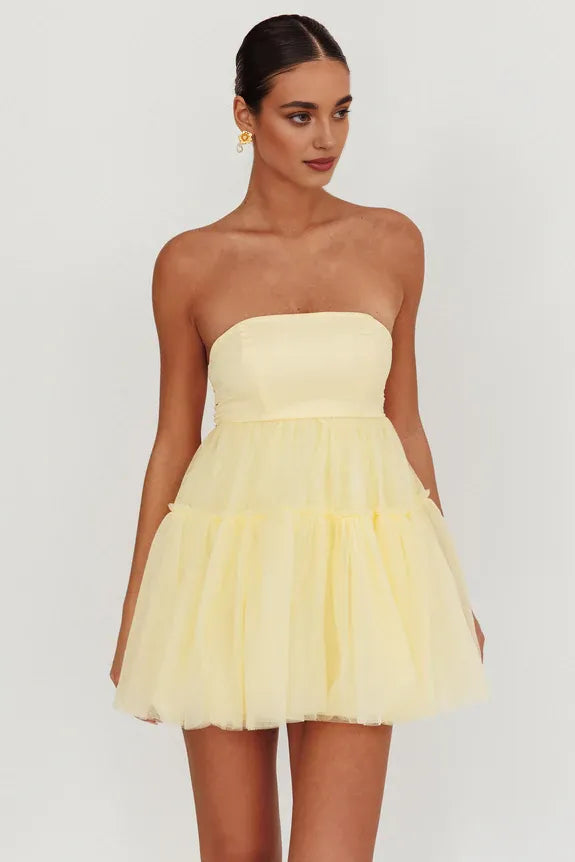 Lovely Strapless Tulle Lemon Mini Homecoming Dress With Tied Bow
