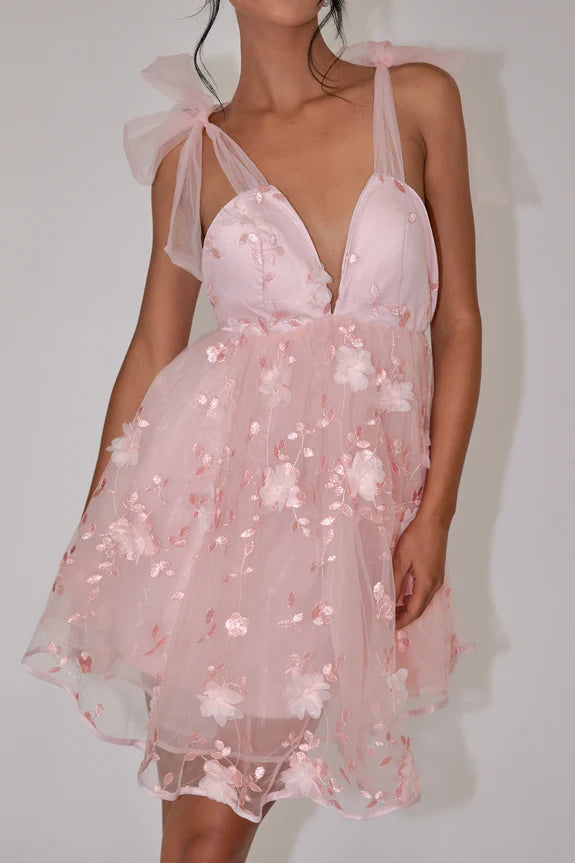 Lovely Tied Shoulder Embellished Pink Mini Homecoming Dress For Ladies