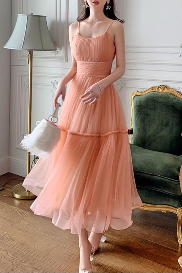 Lovely Tulle Pleated Round Neck Spaghetti Strap A-Line Tea Length Prom Dress Homecoming Dress
