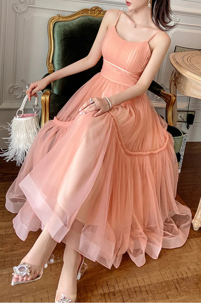 Lovely Tulle Pleated Round Neck Spaghetti Strap A-Line Tea Length Prom Dress Homecoming Dress