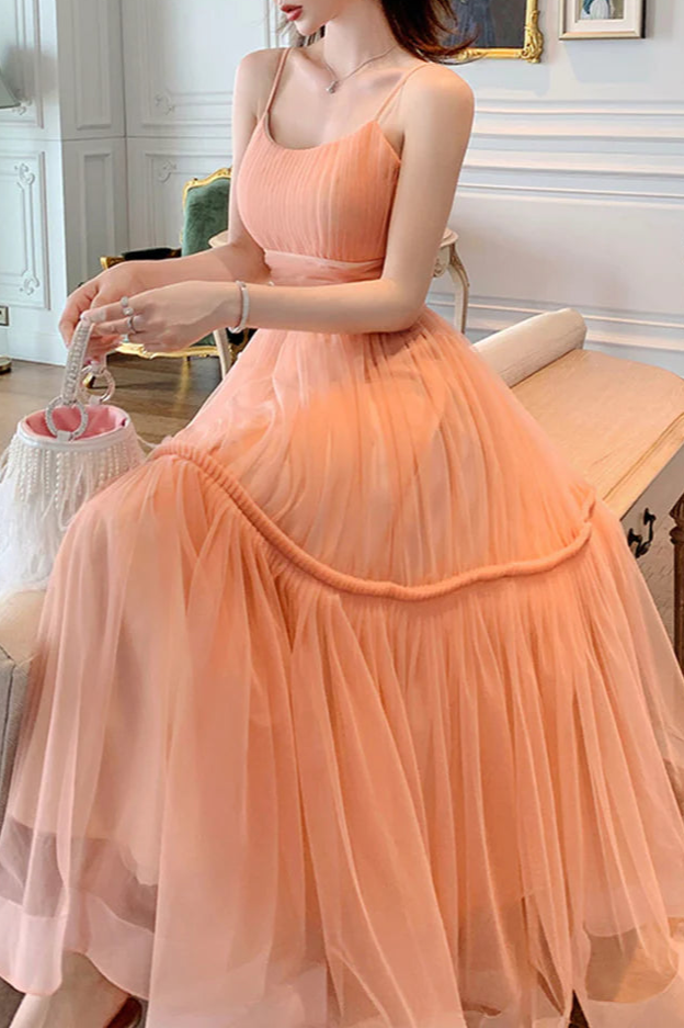 Lovely Tulle Pleated Round Neck Spaghetti Strap A-Line Tea Length Prom Dress Homecoming Dress