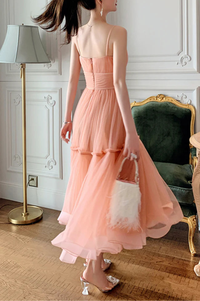 Lovely Tulle Pleated Round Neck Spaghetti Strap A-Line Tea Length Prom Dress Homecoming Dress