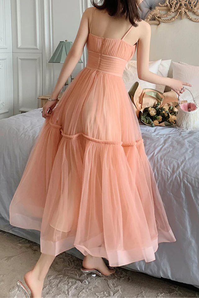 Lovely Tulle Pleated Round Neck Spaghetti Strap A-Line Tea Length Prom Dress Homecoming Dress