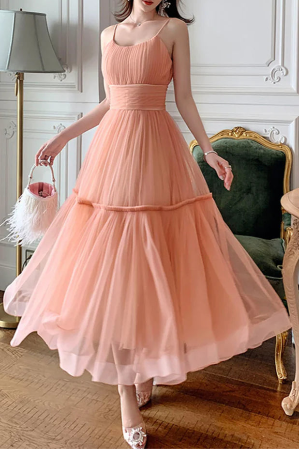 Lovely Tulle Pleated Round Neck Spaghetti Strap A-Line Tea Length Prom Dress Homecoming Dress