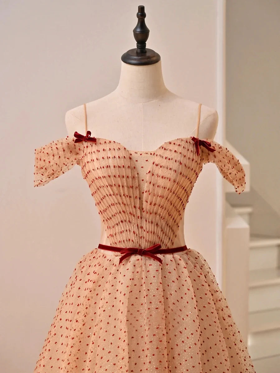 Lovely Tulle Polka Dot Print Pleated Floor Length Prom Dress Spaghetti Straps Evening Party Dress