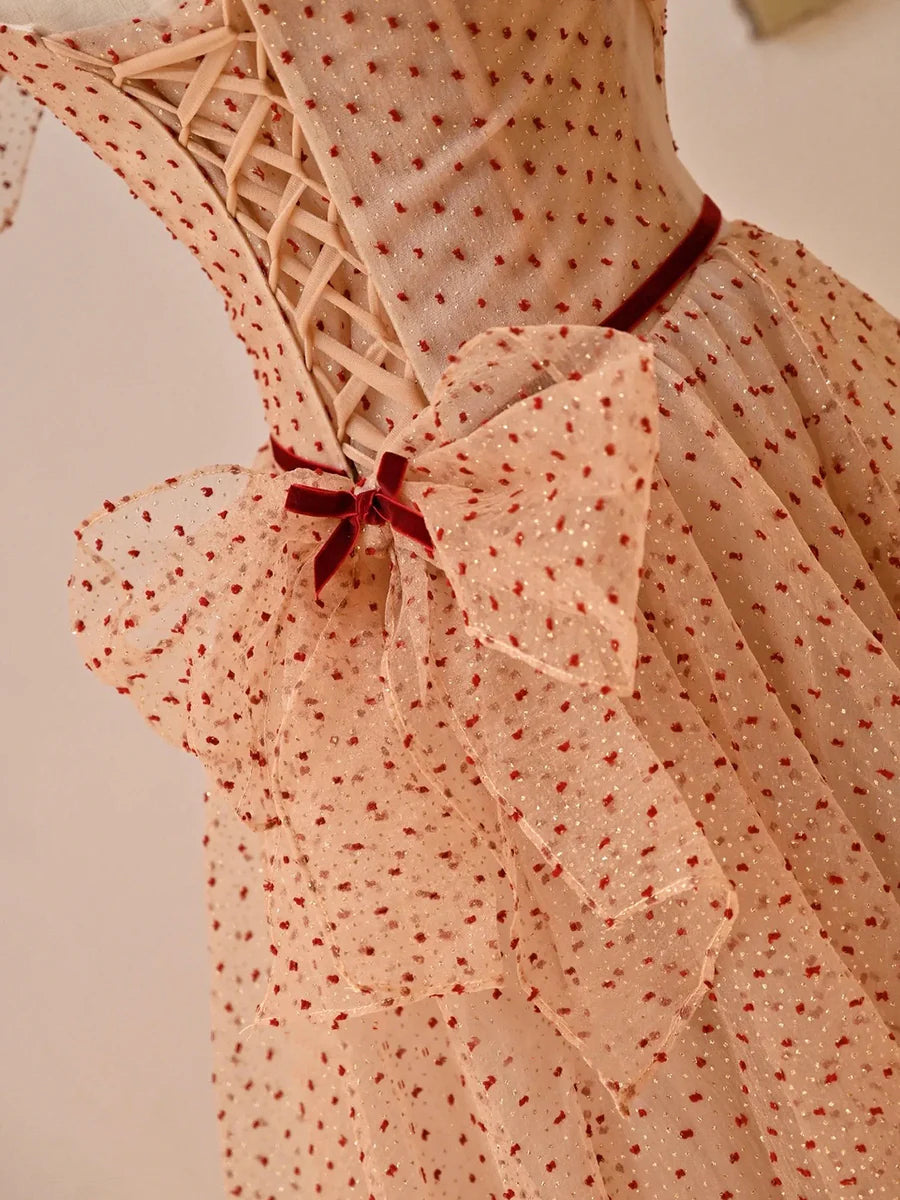 Lovely Tulle Polka Dot Print Pleated Floor Length Prom Dress Spaghetti Straps Evening Party Dress