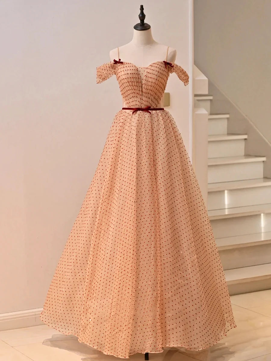 Lovely Tulle Polka Dot Print Pleated Floor Length Prom Dress Spaghetti Straps Evening Party Dress
