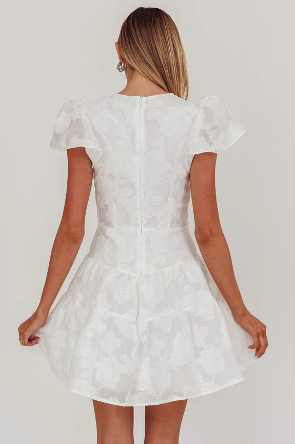 Lovely V-Neck Cap Sleeves Ruffle Textured White Mini Homecoming Dress