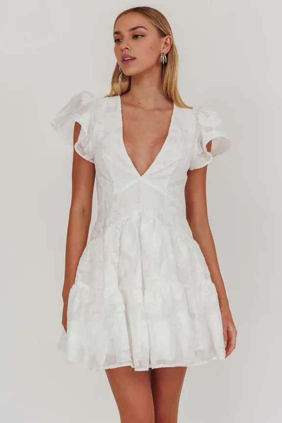 Lovely V-Neck Cap Sleeves Ruffle Textured White Mini Homecoming Dress