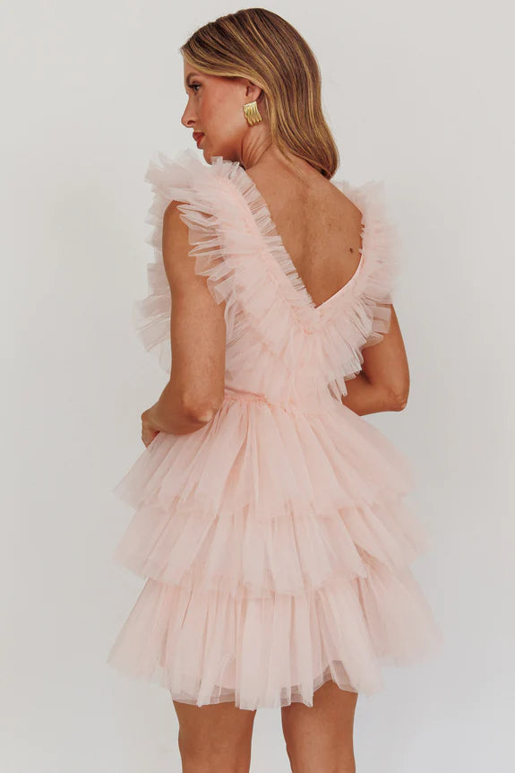 Lovely V Neck And V Back Ruffle Layered Tulle Blush Mini Homecoming Dress