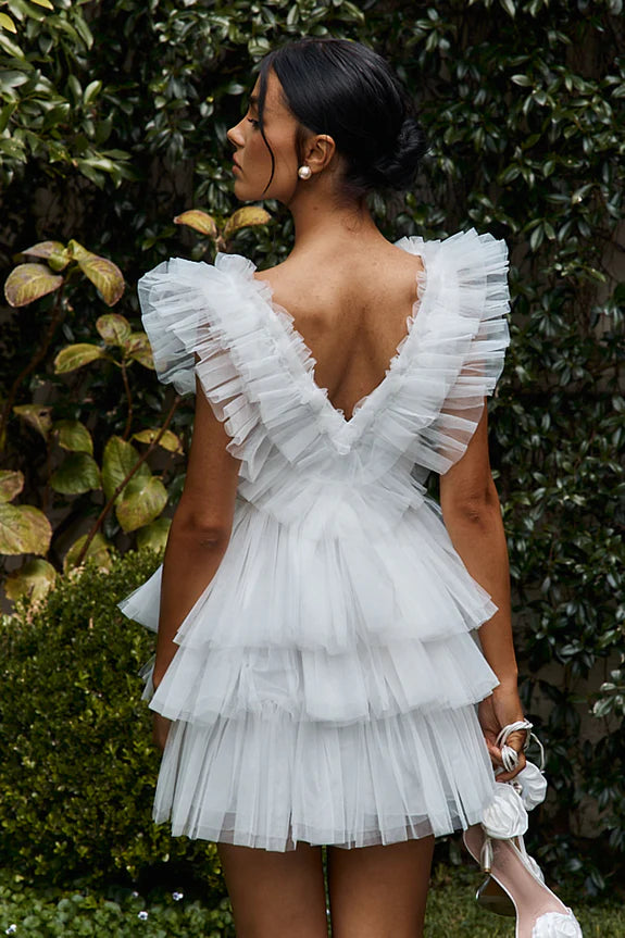 Lovely V Neck Flying Sleeves Layered Tulle White Mini Homecoming Dress