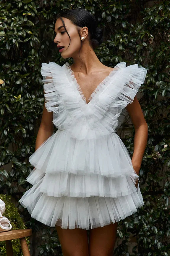 Lovely V Neck Flying Sleeves Layered Tulle White Mini Homecoming Dress
