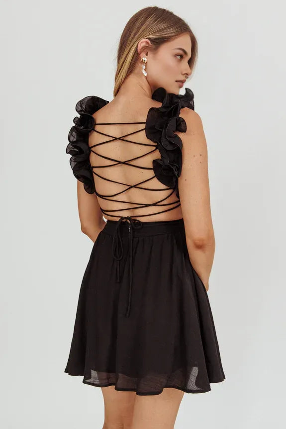 Lovely V Neck Ruffle Cut-Out Lace-Up Back Black Mini Homecoming Dress