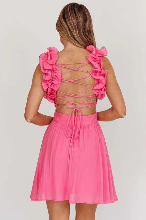 Lovely V Neck Ruffle Cut-Out Lace-Up Back Hot Pink Mini Homecoming Dress