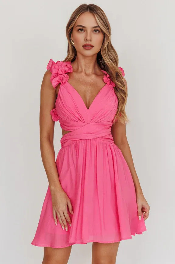 Lovely V Neck Ruffle Cut-Out Lace-Up Back Hot Pink Mini Homecoming Dress