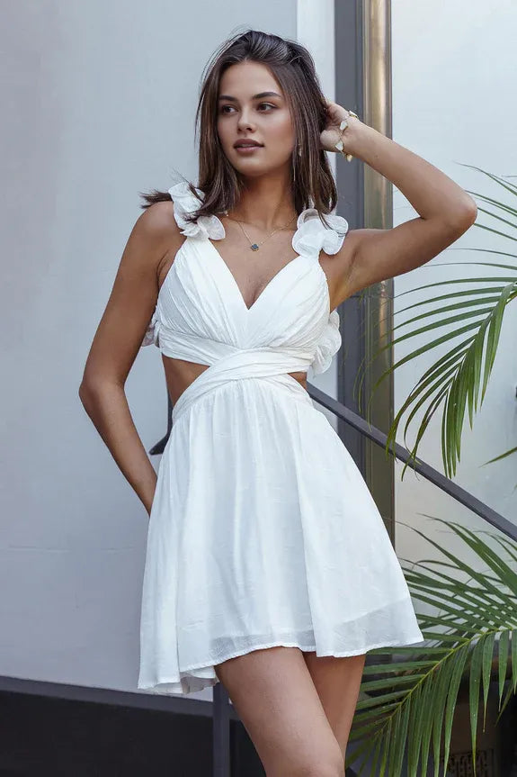 Lovely V Neck Ruffle Cut-Out Lace-Up Back White Mini Homecoming Dress