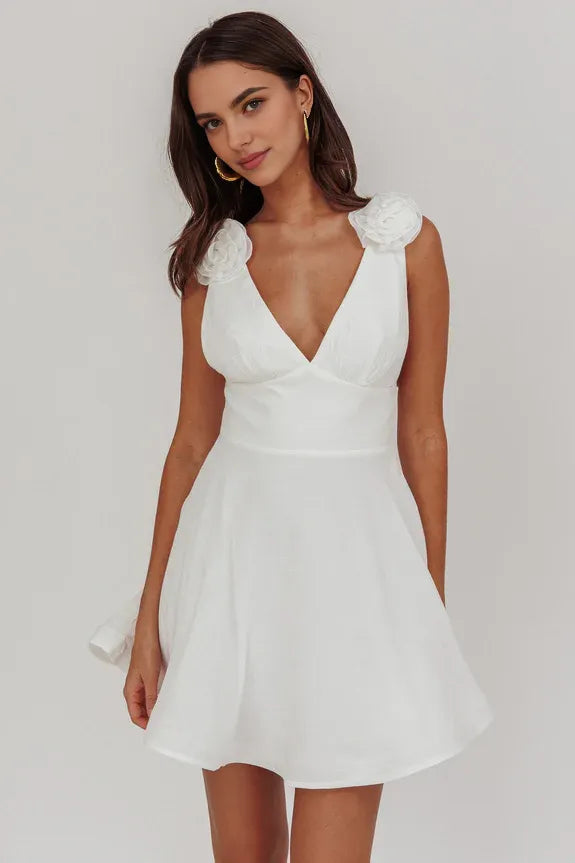 Lovely V Neck Straps Rose Open Back White Mini Homecoming Dress