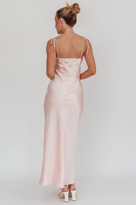 Lovely V Neck Tie Shoulder Satin Pink Maxi Evening Dress For Women
