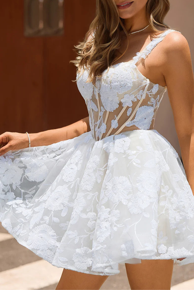 Lovely White Lace Floral V Neck A-Line Corset Short Homecoming Dress With Sequins
