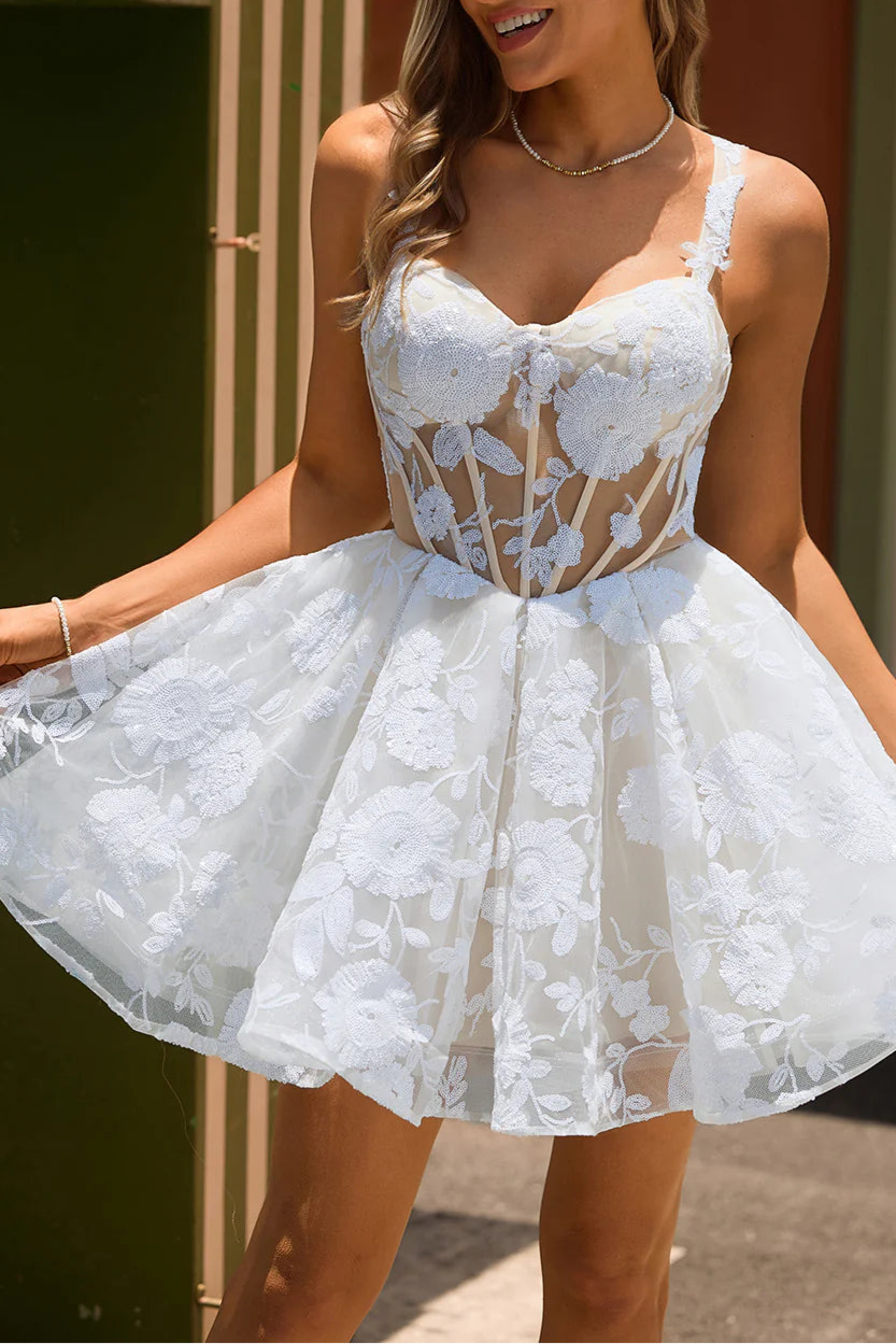 Lovely White Lace Floral V Neck A-Line Corset Short Homecoming Dress With Sequins